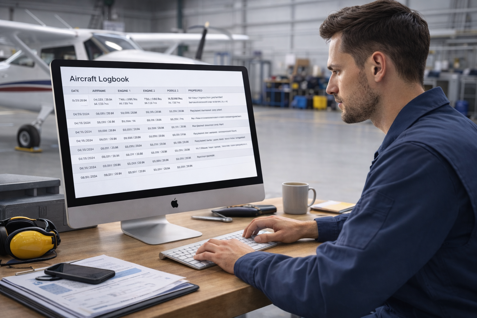 A&P mechanic reviewing thick stacks of aircraft logbooks