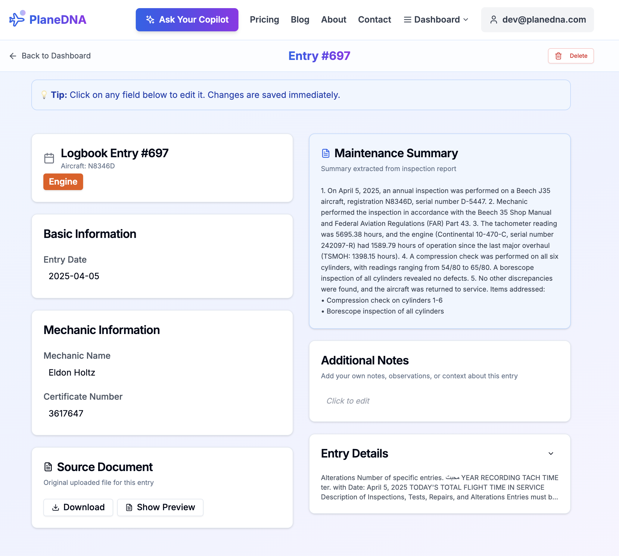 Digital dashboard showing organized aircraft maintenance data and searchable logbook entries